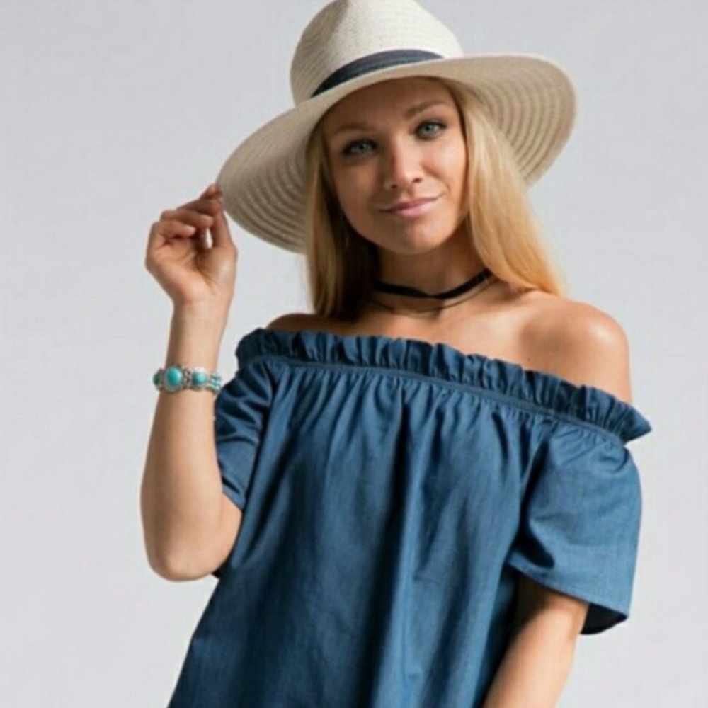 Off Shoulder Chambray Tent Dress - Picture 3 of 5